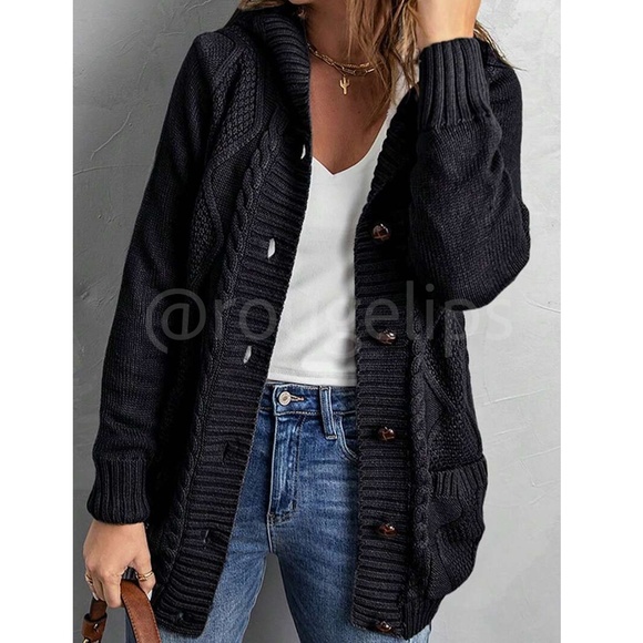 Black Sherpa Knit Hooded Cardigan Front Pockets Long Sleeves Hip Length - Picture 6 of 16